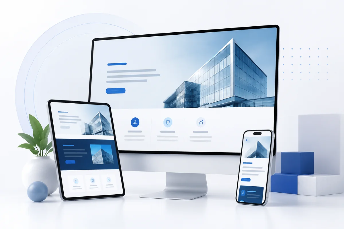 Professional responsive website shown across desktop, tablet and mobile devices